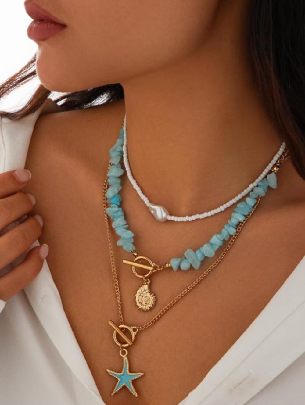 Boho Layered Starfish Faux Pearl Crystal Chip Necklace Set Gold Blue White Beach
